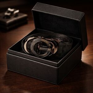 Sophisticated Black Leather Belt with Designer Buckle